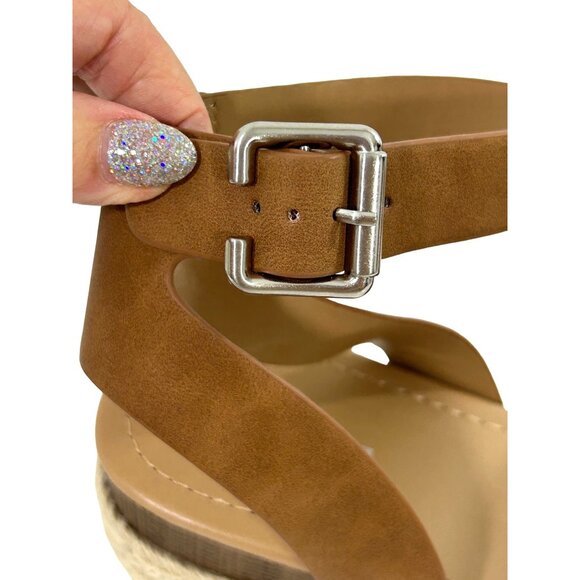 Soda Tuckin Sandals 9 Espadrilles Wedge Platform Tan Brown Ankle Strap Open Toe - Picture 10 of 14